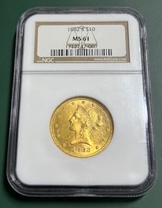 1882 s $10 Liberty, gold coin, NGC MS-61