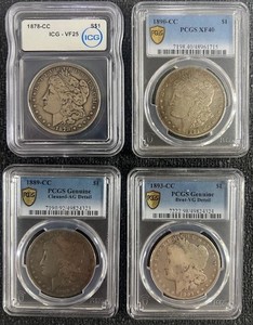 Lot of 4 Morgan Carson City Silver Dollars - 1878 CC, 1889 CC, 1890 CC, 1893 CC
