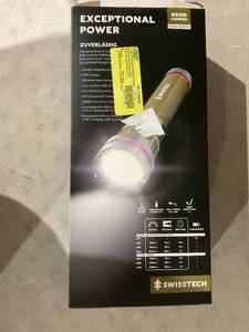 lot 309 image: Swiss Tech 6500 Lumen LED Flashlight Rechargeable Dual Power AAUSB, Charging Bank, IP67 Waterproof