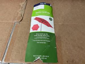 lot 276 image: Mainstays Outdoor 7.5ft Red Round Outdoor Market Patio Umbrella with Push-up Function
