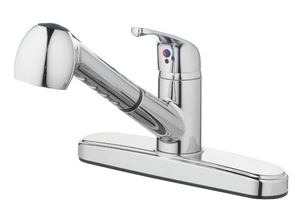 lot 330 image: Mainstays Single Handle Kitchen Sink Faucet with Pull-Out Sprayer and Chrome Finish