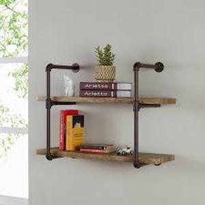 DANYA B Urbanne Industrial Aged 2-Tiered Wood Print MDF and Metal Pipe Floating Wall Shelf Customer Returns See Pictures