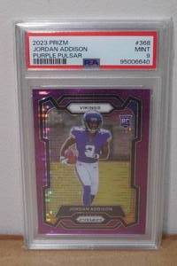 lot 7 image: 2023 Prizm Jordan Addison Purple Pulsar #368 Rookie Football Card - PSA 9