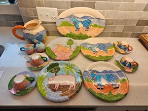 lot 60 image: Hand Painted Farmhouse Themed Dinnerware Service  Moo  Oink  Meow