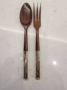 lot 49 image: Vintage Sterling Handled Teak Salad Serving Set