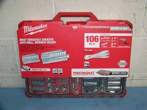 lot 8 image: Milwaukee Tool 106-Piece 14 and 38 Metric & SAE Ratchet and Socket Set with Low-Profile PACKOUT Organizer
