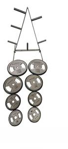 lot 12 image: Reebok One-Inch Rubber Coated weight plates ( Two 25, Two 10LB, two 5LB, Two 2.5LB plus storage rack)