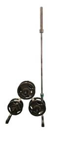 lot 1 image: Fitness Gear weights (Four 45LB, Two 35LB, Two 5LB, 7ft 45Lb 2 Bar plus Storage Rack)