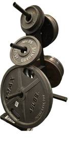 lot 5 image: Mixed Brands of 2 weight Plates (Two 45LB, Four 35LB, Four 25LB, Two 10LB, Two 5LB, Two 2.5LB and Storage Rack)