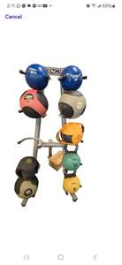 lot 86 image: Two 8LB Slam-balls 6LB, 8LB &15LB Medicine Balls, 12LB & 6LB Kettlebells and Two 5LB Game Balls plus Storage Rack