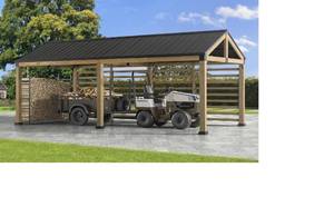 lot 1 image: QTY 2 Sunjoy Newville FSC Wood Carports with Rain Gutter, Both 10 ft. x 20 ft 2 Kits ( Partial Missing Wood Frame - Metal Only) Retail $2999.99