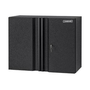 lot 9 image: Like New Husky Pro Duty Welded 20-Gauge Steel Wall Mounted Garage Cabinet in Black LINE-X (28 in. W x 22 in. H x 14 in. D) Retail $349.99