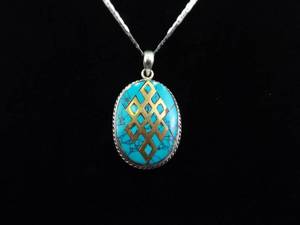 .925 Sterling Silver Inlaid Vermeil Design Howlite Cabochon Pendant Necklace