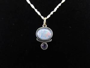 .925 Sterling Silver Opal Glass Cabochon Pendant Necklace
