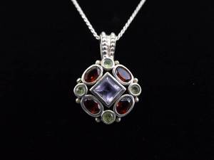 .925 Sterling Silver Garnet, Amethyst and Peridot Pendant Necklace