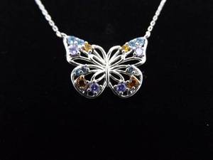 .925 Sterling Silver Multi Colored Crystal Butterfly Pendant Necklace