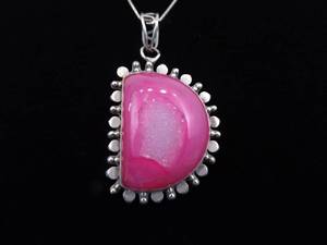 .925 Sterling Silver Pink Druzy Crystal Pendant Necklace