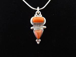 .925 Sterling Silver Red Coral Cabochons Pendant Necklace