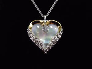 .925 Sterling Silver Gold Accented Mother of Pearl Inlayed Winded Heart Pendant Necklace