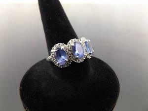 .925 Sterling Silver Diamond Accented Aquamarine Crystal Ring Size 6