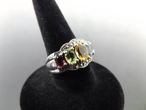 .925 Sterling Silver Art Nouveau Multi Colored Crystal Ring Size 5.75