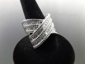 .925 Sterling Silver Zirconia Baguette Thick Criss Cross Band Size 7