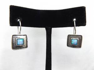 .925 Sterling Silver Hand Hammered Inlayed Opal Hook Earrings