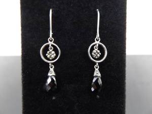 .925 Sterling Silver Art Nouveau Faceted Onyx Dangle Hook Earrings