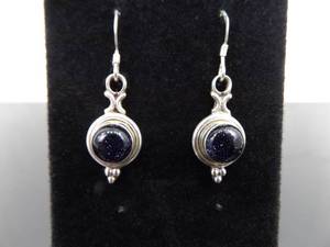 .925 Sterling Silver Purple Goldstone Cabochon Dangle Hook Earrings