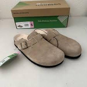 lot 123 image: White Mountain FOOTBEDS Size 6 Ladies Taupe Suede Leather Clog Shoes