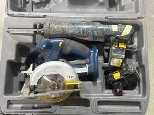 lot 6 image: Ryobi 18 Volt Circular Saw, Reciprocating Saw, 2 Batteries & Case