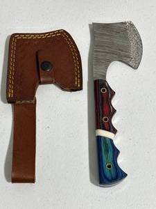 lot 22 image: Damascus Hatchet  Axe with Leather Sheath 9 Long