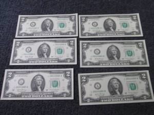 lot 289 image: 6 Sequential, Uncirculated $2 Bills...