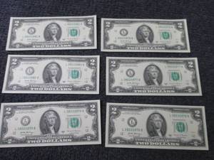 lot 290 image: 6 Sequential, Uncirculated $2 Bills...