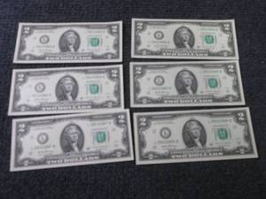 lot 292 image: 6 Sequential, Uncirculated $2 Bills...