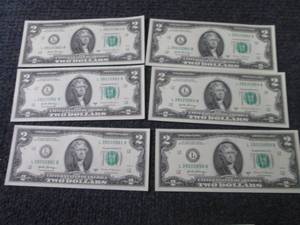 lot 293 image: 6 Sequential, Uncirculated $2 Bills...