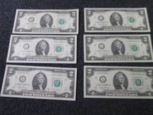 lot 294 image: 6 Sequential, Uncirculated $2 Bills...