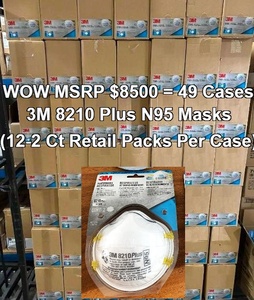 MSRP $8500 - 3M 8210 Plus N95 Masks Retail Packed (2 Masks Per Retail Pack) - 1176 Masks Total. 49 cases. 2 masks per pack, 24 packs per case. 49 cases. Exp 122024
