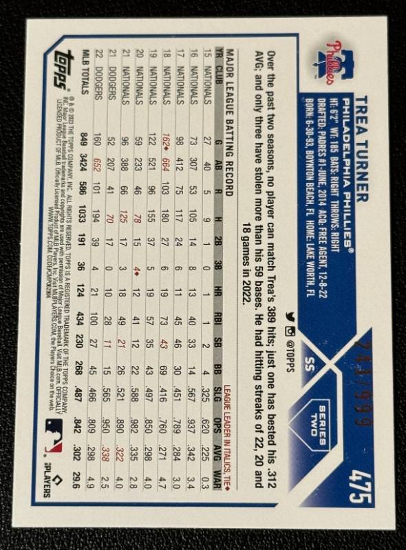 Trea Turner /999 Blue Sparkle 2023 Topps #475, numbered 241/999