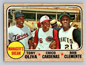 lot 23 image: Roberto Clemente  Tony Oliva Chico Cardenas 1968 Topps #480 Managers Dream Vintage Baseball Card