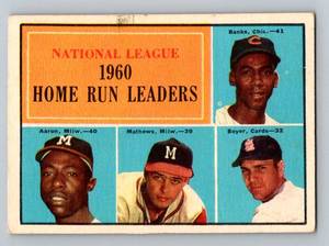 lot 46 image: Hank Aaron  Ernie Banks  Ed Mathews  Ken Boyer 1961 Topps #43 NL HR Leaders Vintage Baseball Card