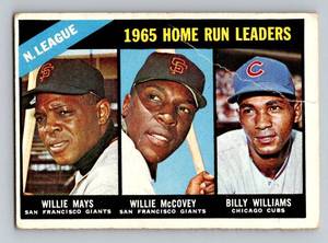 lot 57 image: Willie Mays, Willie McCovey, Billy Williams 1966 Topps #217 NL HR Leaders Vintage Baseball Card