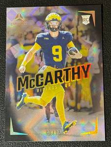 lot 5 image: JJ McCarthy RC 75 2024 Luminance Black #112, numbered 4375, Rare Rookie Minnesota Vikings Football Card