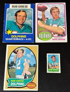 lot 13C image: Bob Griese 4 Card Lot - 1970 Topps #10, 1976 #255, 1975 Wonder Bread #13, 1969 4 in 1 Stamp Vintage Football Cards