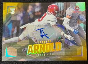 lot 53 image: Terrion Arnold Auto RC 100 2024 Rookie Luminance Autographs Gold #195, numbered 030100 Football Card