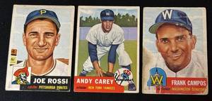 lot 94 image: 3 Card 1953 Topps Baseball Lot - Frank Campos, Andy Carey, Joe Rossi - Vintage Baseball Cards
