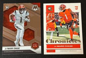 lot 97 image: JaMarr Chase 2 RC Lot - 2021 Mosaic #307 and Chronicles #17 Rookie Football Cards