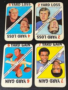 lot 110 image: 4 1971 Topps Game Card Stars - Gale Sayers, Terry Bradshaw, Fran Tarkenton, Sonny Jurgensen Vintage Football