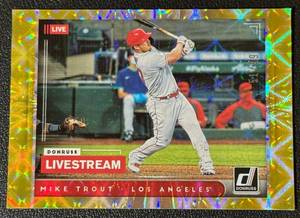lot 10A image: Mike Trout 99 Gold Shimmer 2021 Donruss Livestream #LSI, numbered 5199 Baseball Card