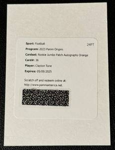 lot 20A image: Redemption Card - 2023 Origins Football Clayton Tun  #35 - Rookie Jumbo Patch #35 - Football Card
